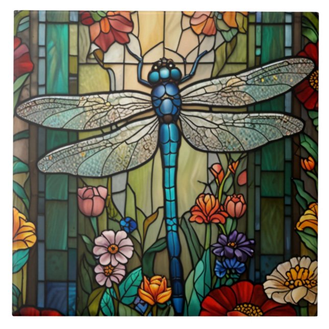 Dragonfly art painting botanical boho chic forest tile (Front)