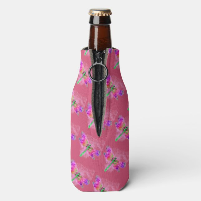 Dragonfly Art (pink) Bottle Cooler (Bottle Back)