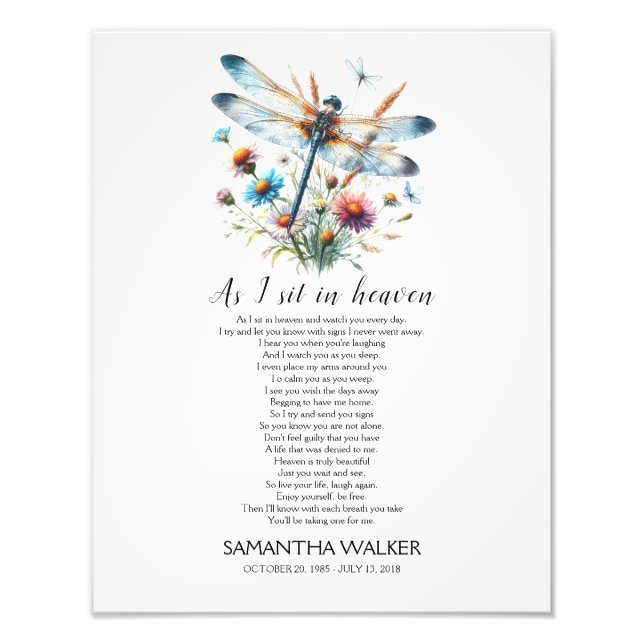 Dragonfly As I sit in Heaven Memorial Poem Sign (Front)