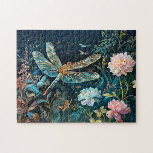 Dragonfly at Night in a Garden with Peonies and Gr Jigsaw Puzzle