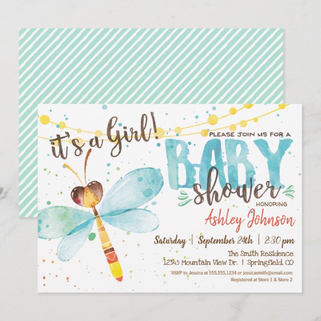 Dragonfly Baby Shower invitation, Girl Invitation (Front/Back)