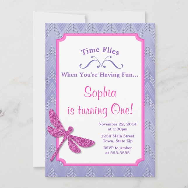 Dragonfly Birthday Invitation Pink Glitter Girl (Front)