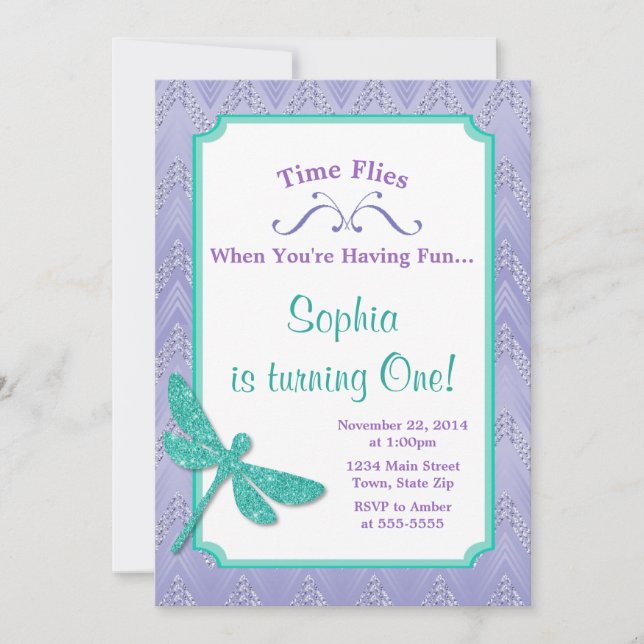 Dragonfly Birthday Invitation Pink Glitter Girl (Front)