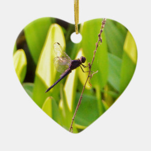Dragonfly Blue and black on grass. Ceramic Tree Decoration
