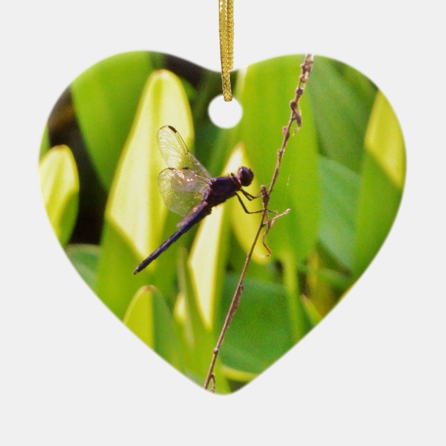 Dragonfly Blue and black on grass. Ceramic Tree Decoration (Front)