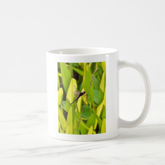 Dragonfly Blue and black on grass. Coffee Mug (Right)