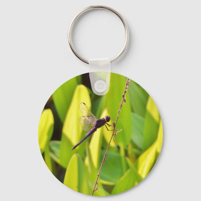Dragonfly Blue and black on grass. Key Ring (Front)