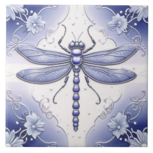 Dragonfly Blue and White Flower Art Tile