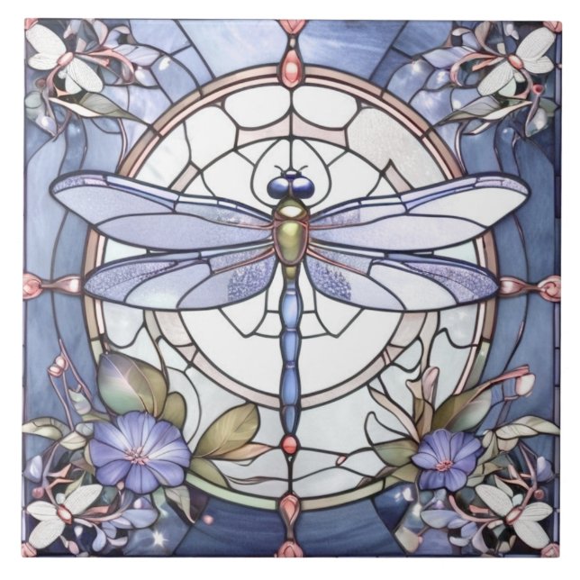 Dragonfly Blue and White Stained Glass Flower Tile (Front)