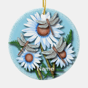 Dragonfly Blue Daisies  Ceramic Tree Decoration