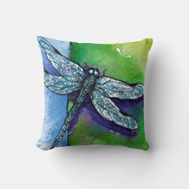 Dragonfly blue green watercolor art painting cushion (Front)