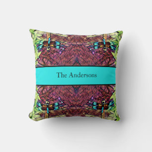 Dragonfly Blue Teal Aqua Black Family Name Cushion