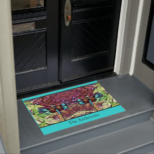 Dragonfly Blue Teal Aqua Black Family Name Doormat
