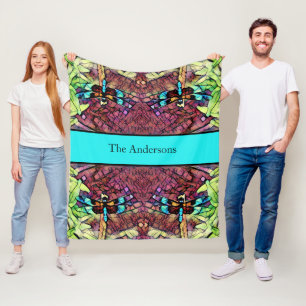 Dragonfly Blue Teal Aqua Black Family Name Fleece Blanket