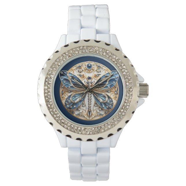 Dragonfly Blue White Black Gold  Diamond Sapphire  Watch (Front)