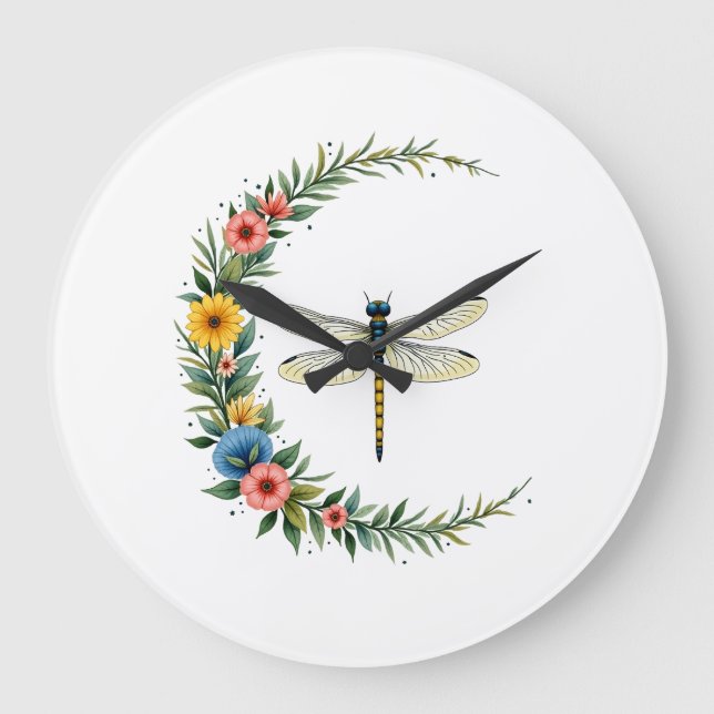 Dragonfly Boho Crescent Moon Peace Sign Hippie Dra Large Clock (Front)