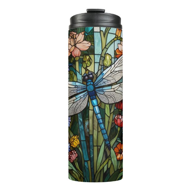 Dragonfly boho floral botanical stain glass thermal tumbler (Front)