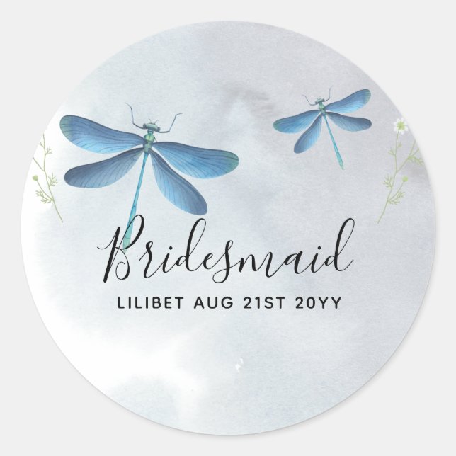 DragonFly BRIDESMAID Bridal Party Personalised Classic Round Sticker (Front)