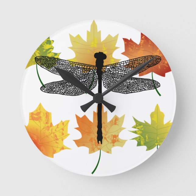dragonfly Bug Insect Silhouette leaf art Round Clock (Front)