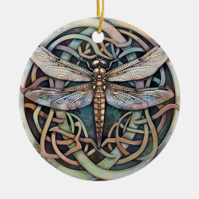 Dragonfly Celtic Knot Ceramic Tree Decoration (Front)