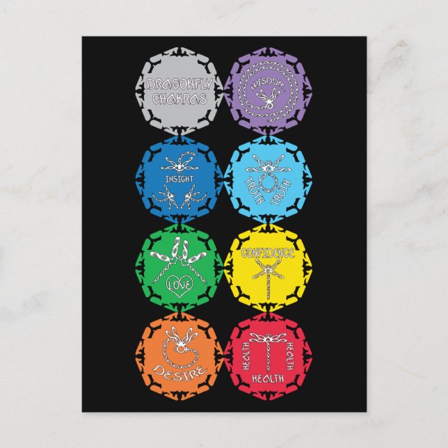 Dragonfly Chakras White Text Design Postcard (Front)