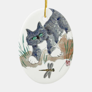 Dragonfly Chase by Kitten Ceramic Tree Decoration