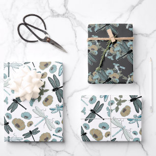 Dragonfly Chic Stylish Flowers Blue Gray Gold Wrapping Paper Sheet
