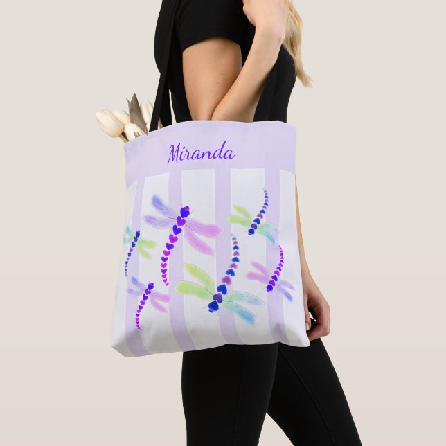 Dragonfly Cluster | Purple & White Stripes Tote Bag (Close Up)