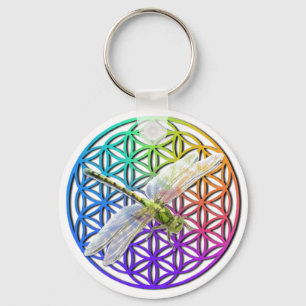 Dragonfly   colourful flower of life   chakra     key ring