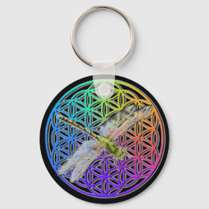 Dragonfly   colourful flower of life   chakra      key ring