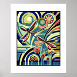 Dragonfly Dance: An Art Deco Flight Poster<br><div class="desc">This abstract digital painting captures the elegance and energy of two vibrant dragonflies, their wings shimmering in shades of pink and red. They glide gracefully across a bold, geometric background, where blue, yellow, and green tones create a dynamic interplay of contrasting colours. Inspired by the Art Deco style, the design...</div>