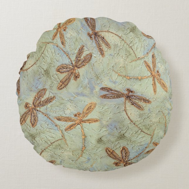 Dragonfly Dance Gold Round Cushion (Front)