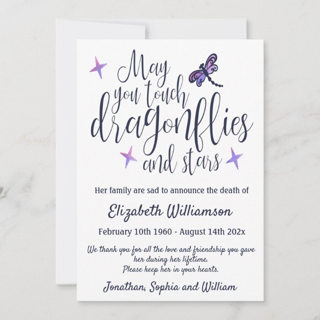 Dragonfly Death Announcement Funeral Arrangement (Front)