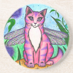 Dragonfly Fairy Cat Fantasy Art Coaster