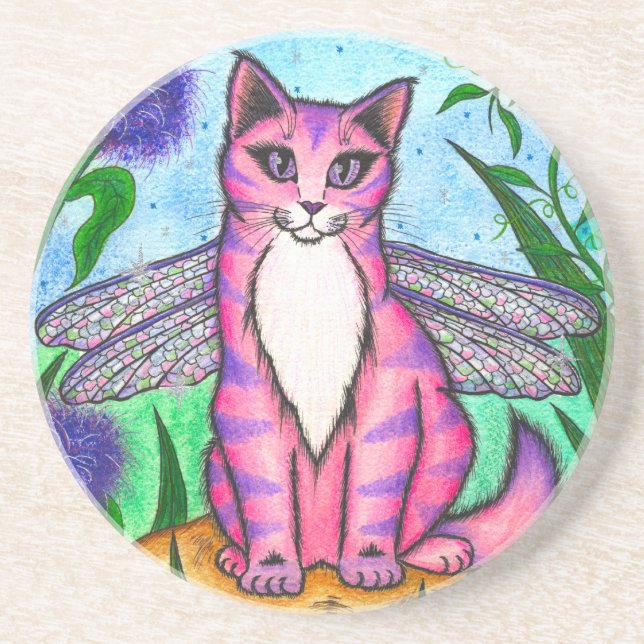 Dragonfly Fairy Cat Fantasy Art Coaster (Front)
