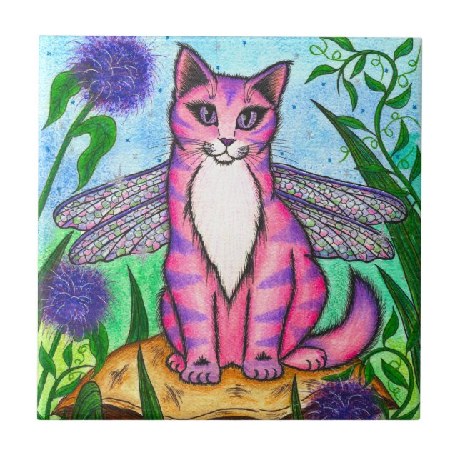 Dragonfly Fairy Cat Fantasy Art Tile (Front)