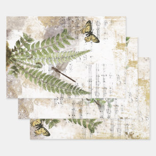 Dragonfly Fern Butterfly Bird Music Gold Decoupage Wrapping Paper Sheet