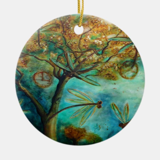 Dragonfly Flirtation Ceramic Tree Decoration (Front)