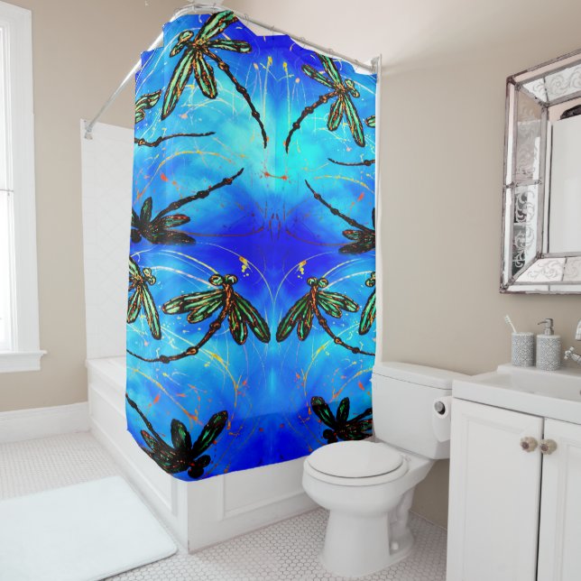 Dragonfly Flit Electric Blue Shower Curtain (In Situ)