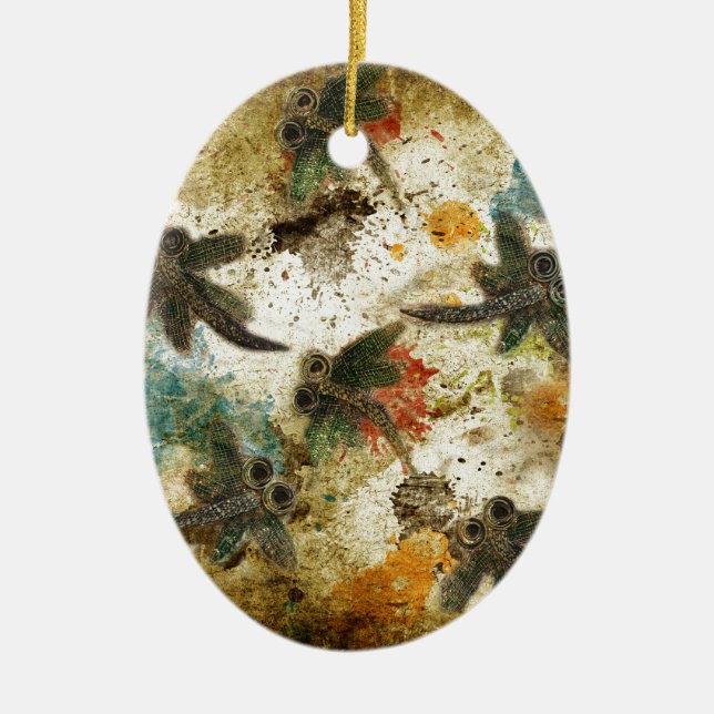 Dragonfly Flit Rustic Splash Ceramic Tree Decoration (Front)