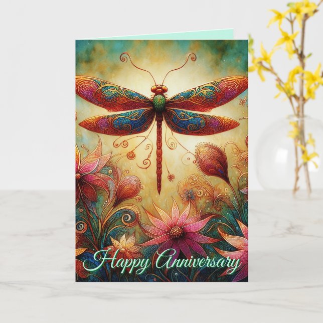 Dragonfly Floral Personalised Anniversary Card (Yellow Flower)