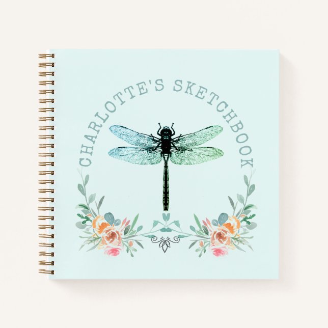 Dragonfly Floral Personalised Sketchbook Notebook (Front)