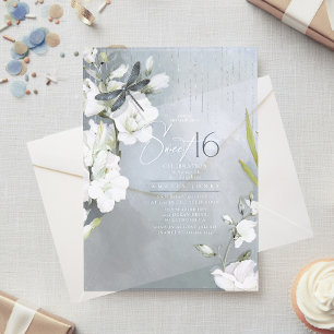 Dragonfly Floral Sweet 16 Dusty Blue ID1310 Acrylic Invitations