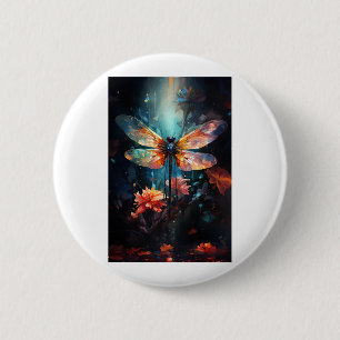 Dragonfly Flower Art - Stained Glass 6 Cm Round Badge