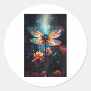 Dragonfly Flower Art - Stained Glass Classic Round Sticker