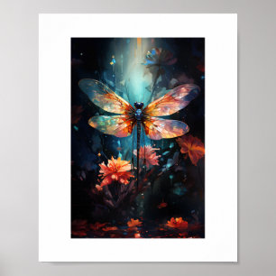 Dragonfly Flower Art - Stained Glass Poster