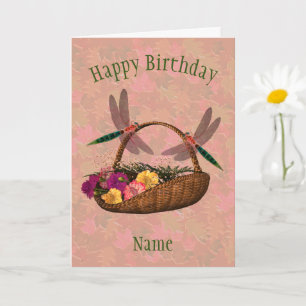 Dragonfly Flower Basket Art Personalised Birthday Card