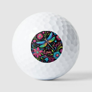 Dragonfly, Flowers and Hearts  Golf Balls