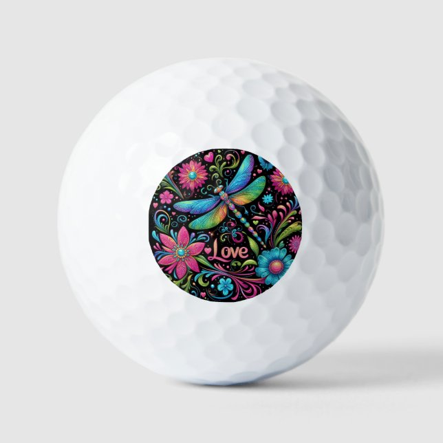 Dragonfly, Flowers and Hearts  Golf Balls (Front)