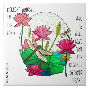 Dragonfly & Flowers, w verse from Psalm 37:4 Tile